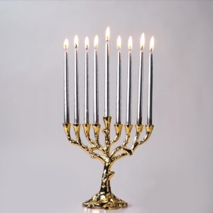 Hanukkah Menorah Tree of Life Mini, Pewter Finish for Chanukah, Fits Most Standard Candles